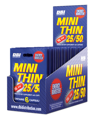 DBI Mini Thin 25/50 dietary supplement display box with individual capless packets visible inside, on a white background.