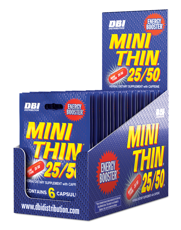 DBI Mini Thin 25/50 dietary supplement display box with individual capless packets visible inside, on a white background.