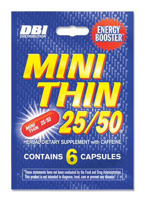 DBI Distribution Mini Thin 25/50 Herbal Dietary Supplement with Caffeine, 6 capsules, in a blue hang card package with bold yellow and red text.