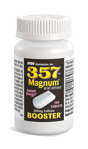 Bottle of 357 Magnum dietary supplement with white cap on a white background