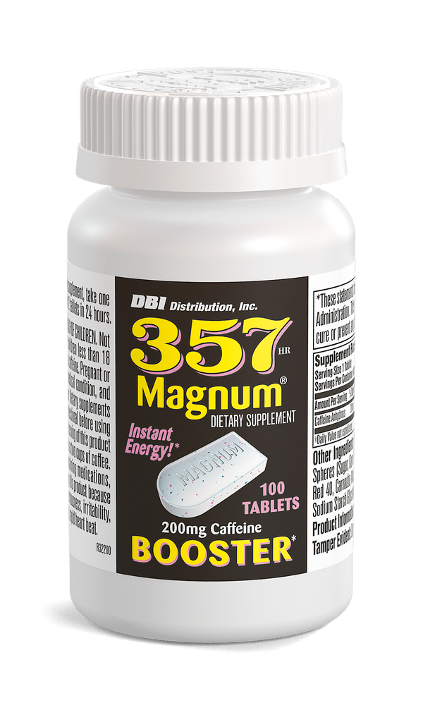 Bottle of 357 Magnum dietary supplement with white cap on a white background
