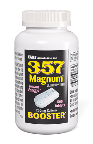 A white plastic bottle of DBI Distribution, Inc. 357 Magnum Instant Energy dietary supplement with a black, yellow, and white label, containing 500 tablets.