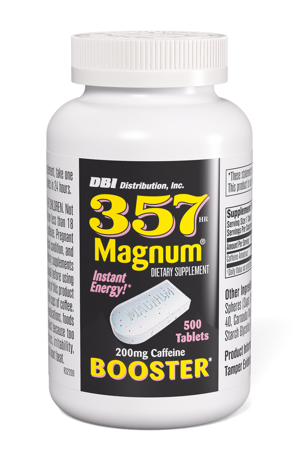 A white plastic bottle of DBI Distribution, Inc. 357 Magnum Instant Energy dietary supplement with a black, yellow, and white label, containing 500 tablets.
