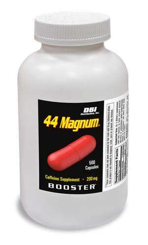 A white plastic bottle of DBI Sports Nutrition 44 Magnum Caffeine Supplement with a black label featuring a red capsule graphic.