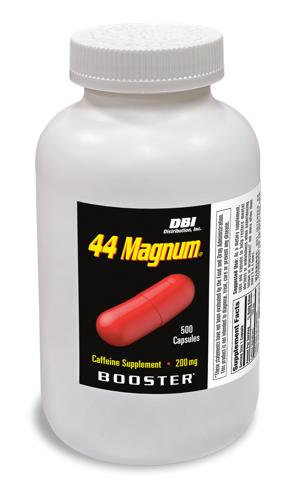 A white plastic bottle of DBI Sports Nutrition 44 Magnum Caffeine Supplement with a black label featuring a red capsule graphic.