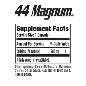 Supplement label for 44 Magnum with caffeine content and ingredient list.