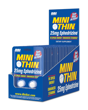 DBI Mini Thin 25mg Ephedrine dietary supplement packaging, showing a retail display box with individual packet cards in front and additional packets behind on a white background.