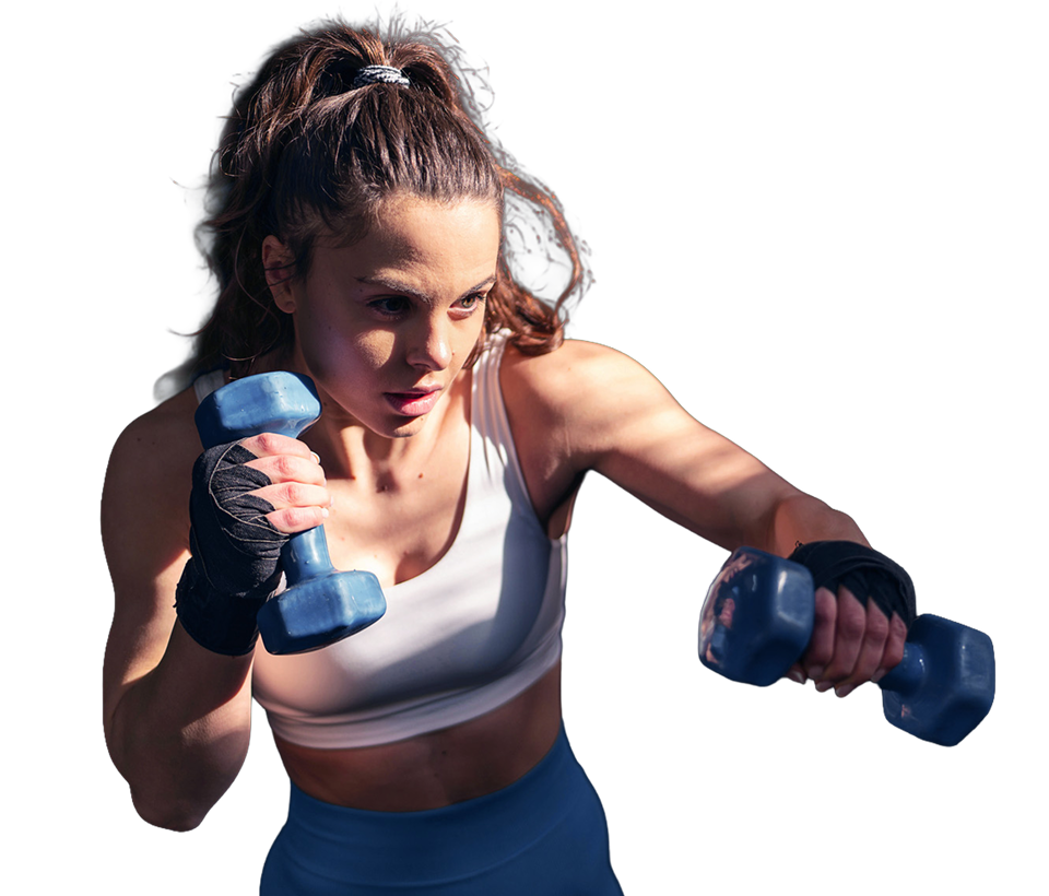 Woman exercising with blue dumbbells on a white background