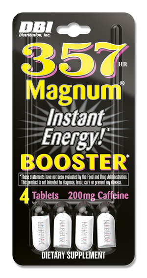 DBI 357 Magnum Instant Energy! Booster dietary supplement blister pack containing 4 tablets, 200 mg Caffeine.