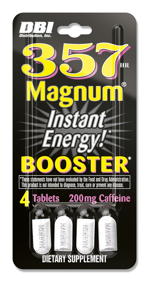 DBI 357 Magnum Instant Energy! Booster dietary supplement blister pack containing 4 tablets, 200 mg Caffeine.