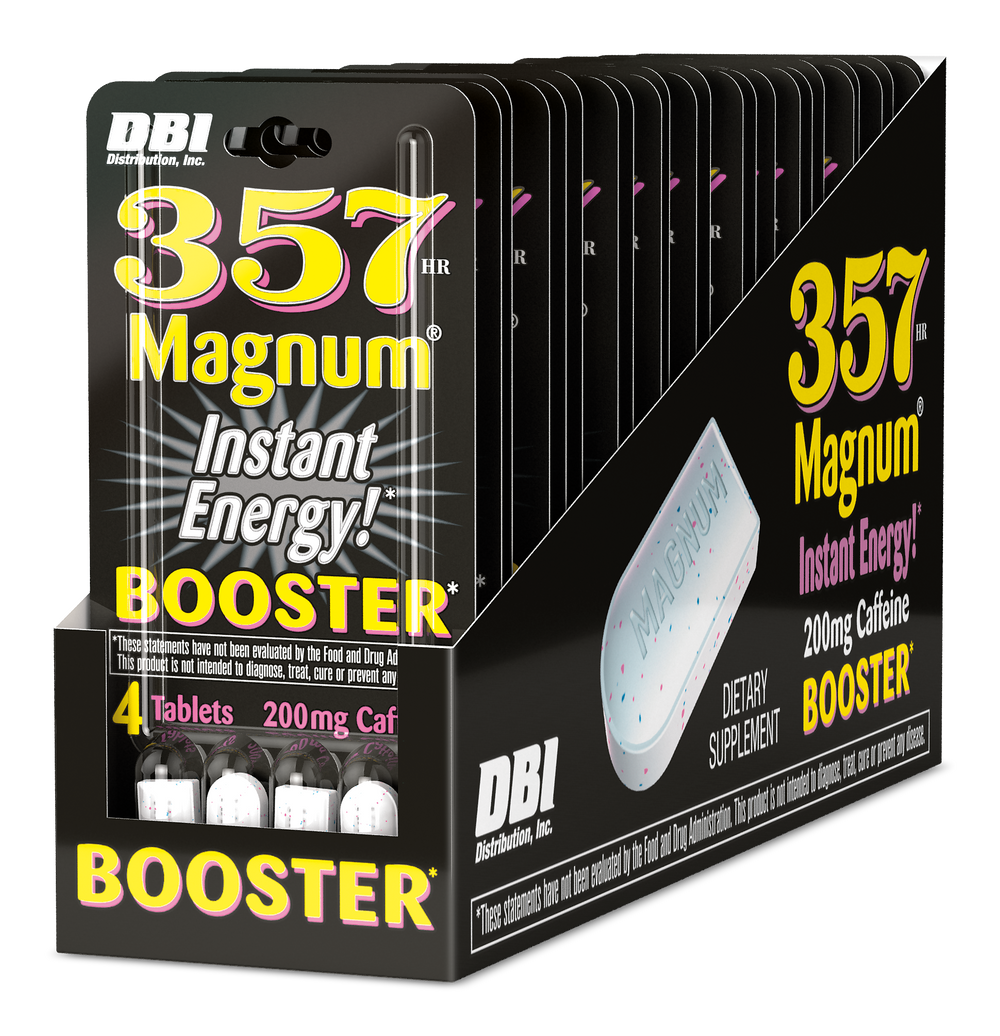 DBI 357 Magnum Instant Energy! Booster dietary supplement blister pack containing 4 tablets, 200 mg Caffeine.