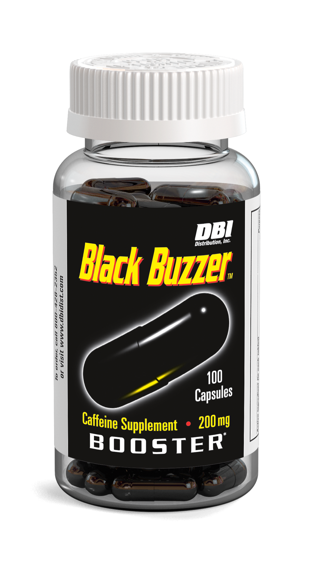 A clear plastic bottle of DBI Black Buzzer Caffeine Supplement with a white ribbed cap and a black label featuring yellow and white text, containing 100 dark brown/black capsules.