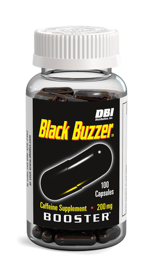 A clear plastic bottle of DBI Black Buzzer Caffeine Supplement with a white ribbed cap and a black label featuring yellow and white text, containing 100 dark brown/black capsules.