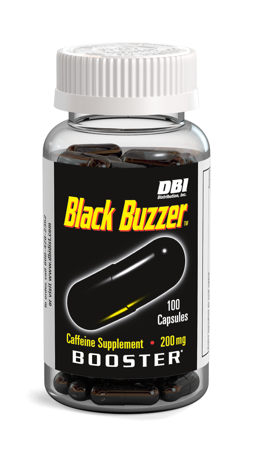 A clear plastic bottle of DBI Black Buzzer Caffeine Supplement with a white ribbed cap and a black label featuring yellow and white text, containing 100 dark brown/black capsules.