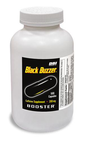 A white plastic bottle of DBI Black Buzzer caffeine supplement capsules, featuring a black label with yellow and white text and a graphic of a black capsule.
