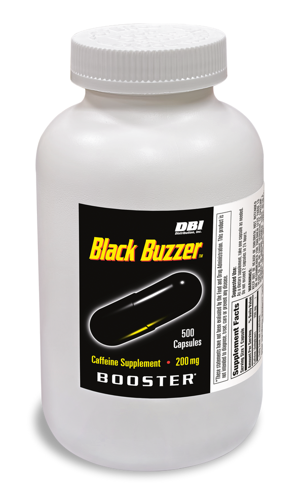 A white plastic bottle of DBI Black Buzzer caffeine supplement capsules, featuring a black label with yellow and white text and a graphic of a black capsule.
