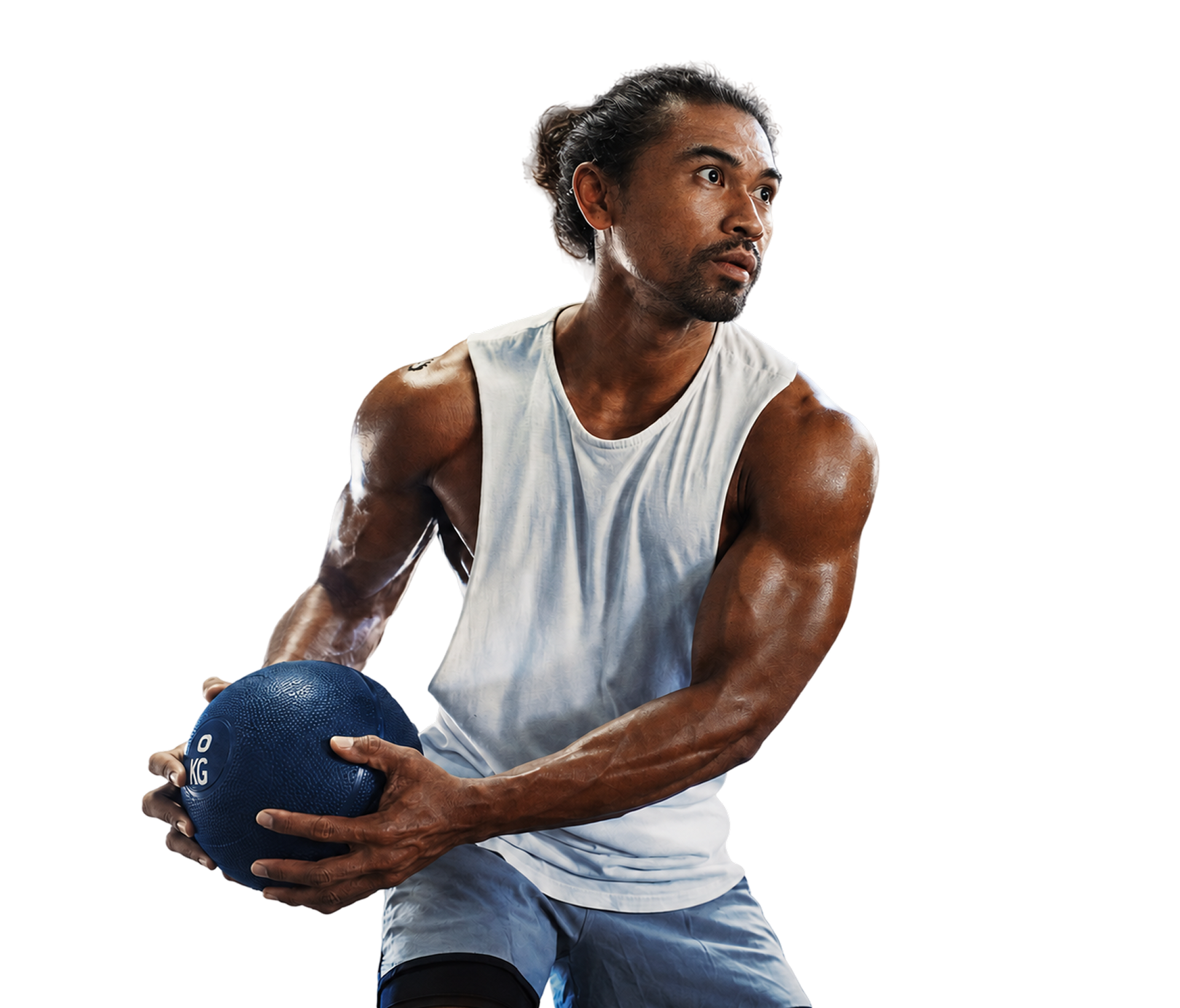 A muscular man with a ponytail, wearing a white tank top and shorts, holding a blue medicine ball against a solid white background.