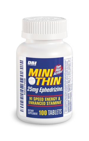 A white plastic bottle of DBI Pharmaceuticals Mini Thin 25mg Ephedrine dietary supplement, containing 100 tablets, shown on a clean white background.