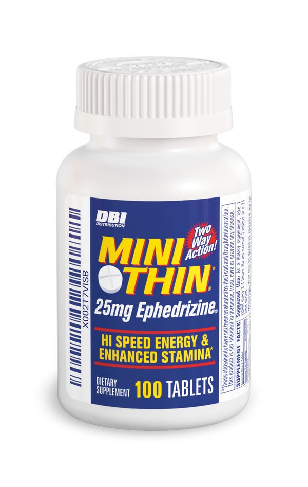 A white plastic bottle of DBI Pharmaceuticals Mini Thin 25mg Ephedrine dietary supplement, containing 100 tablets, shown on a clean white background.
