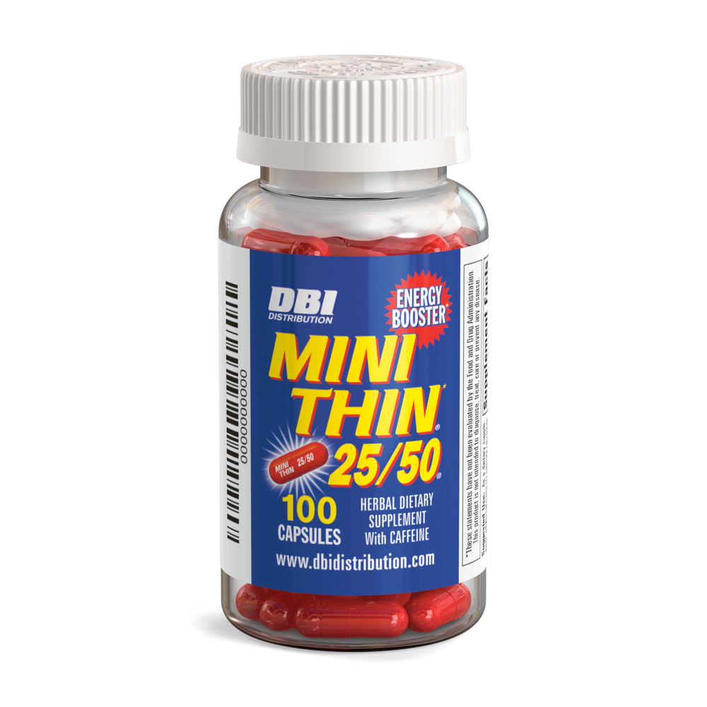 Bottle of Mini Thin dietary supplement with red capsules on a white background