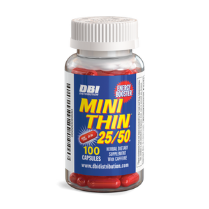 Bottle of Mini Thin dietary supplement with red capsules on a white background