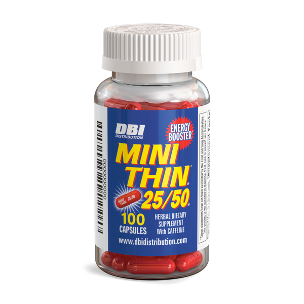 Bottle of Mini Thin dietary supplement with red capsules on a white background