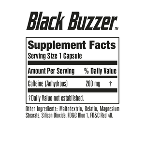 Black Buzzer supplement facts label with caffeine content on a white background