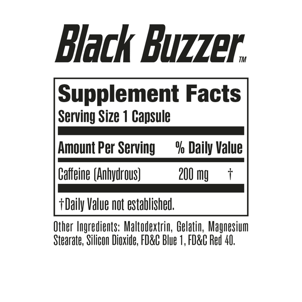 Black Buzzer supplement facts label with caffeine content on a white background