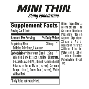 Supplement facts label for Mini Thin 25mg Ephedrizine on a white background