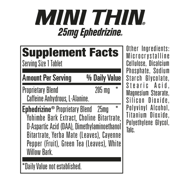 Supplement facts label for Mini Thin 25mg Ephedrizine on a white background